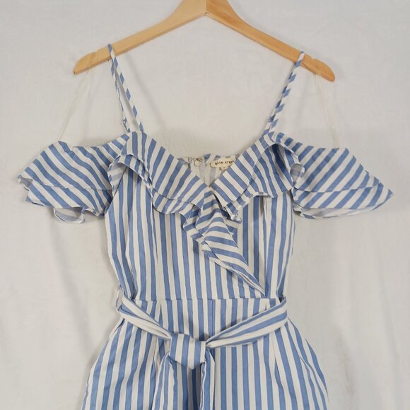 Main Strip, Blue & White Stripe, Off Shoulder Jumpsuit, Spaghetti Straps, Medium - Picture 3 of 14